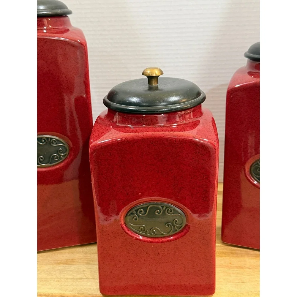 PIER 1 Import Rustic Brick Red 3 Ceramic Canister Jars Set Coffee Tea Sugar